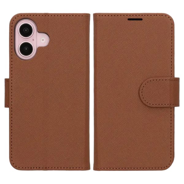 Flip Stand Leather Wallet Case For iPhone 16 Brown