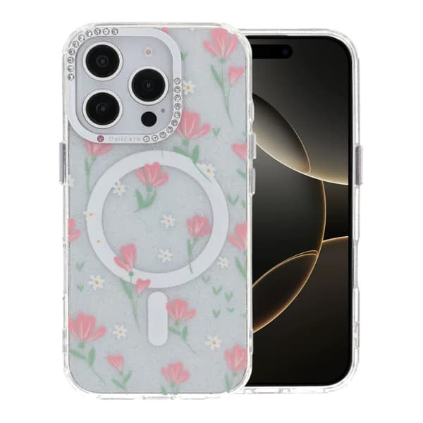 Blommigt Skal med Magsafe för iPhone 16 Pro Max - Rosa