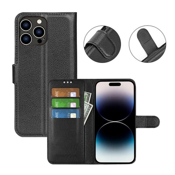 iPhone 15 Pro Max Flip Stand Leather Wallet Case Black