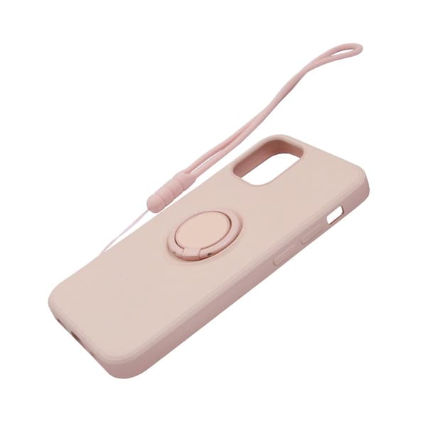iPhone 12 Pro Max Silicone Case with Ring Holder and Hand Strap - Pink