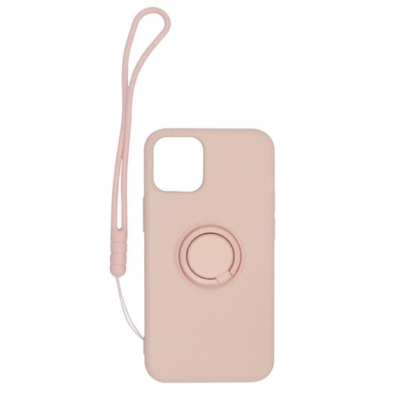 iPhone 12 Pro Max Silicone Case with Ring Holder and Hand Strap - Pink