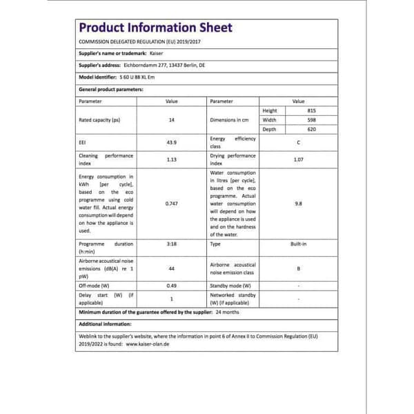 Inbyggd diskmaskin - Kaiser - Empire S60 U 88XL - 60cm - 6 program - Svart