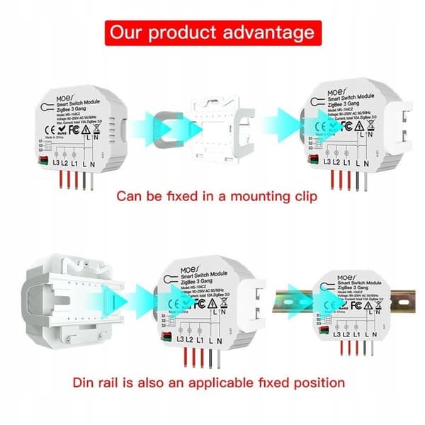 Modul Smart Switch Zigbee - MOES - 3 Kanaler - Stemmestyring - Pakke med 2 Stykker
