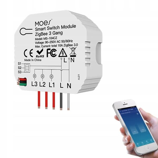 Modul Smart Switch Zigbee - MOES - 3 Kanaler - Stemmestyring - Pakke med 2 Stykker