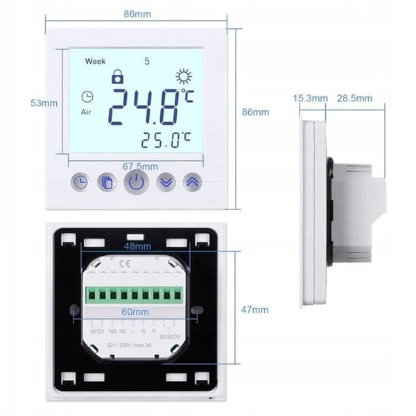 Programmerbar Termostat - ARHATREYA - C16.H3 - Vit LCD Vit - Elektrisk Uppvärmning