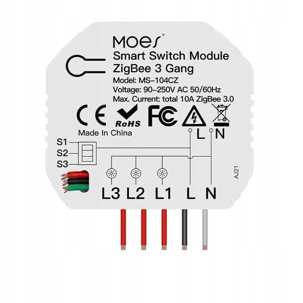 Modul Smart Switch Zigbee - MOES - 3 Kanaler - Stemmestyring - Pakke med 2 Stykker
