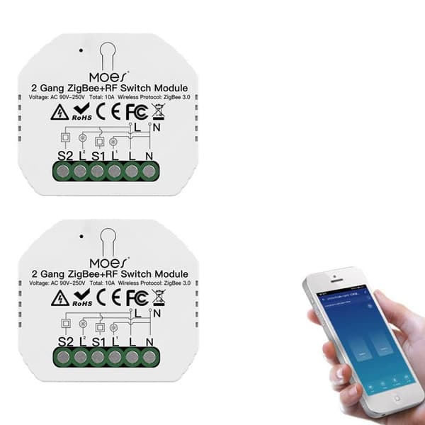 Zigbee-switchmodul - MOES - Zigbee 3.0 - Kompatibel med Alexa & Google Home - Sæt af 2 - Stemmestyring