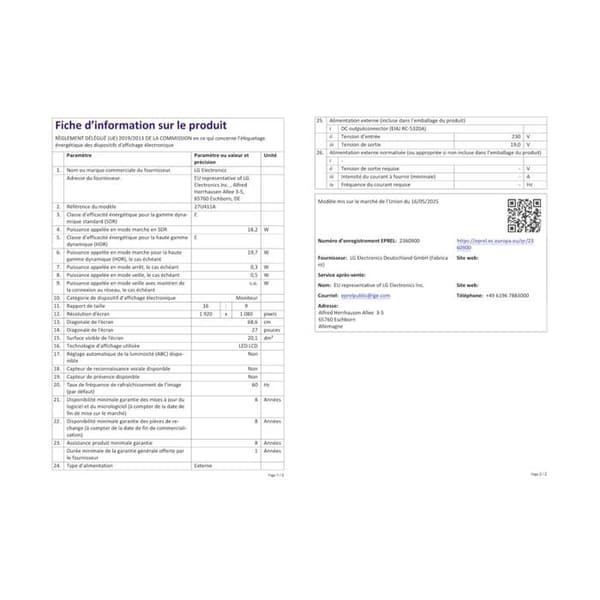 Ecran PC Lg 27U411A-B