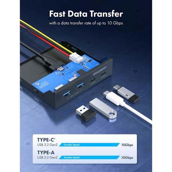 USB-hub 4 portar - GRAUGEAR - Framsidan - 10Gbit/s - USB-C & USB-A - Metall