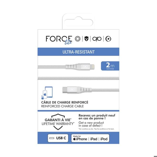 USB-C till Lightning-kabel - FORCE POWER - MFi - 60W PD (3A) - 2 m - Förstärkt flätad