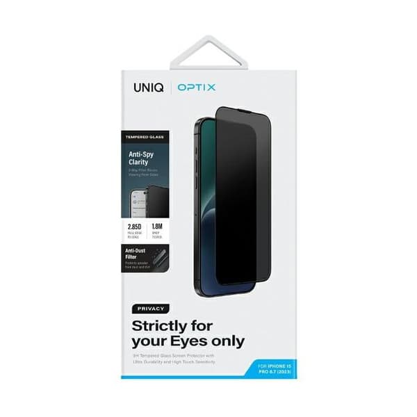 Härdat glas - UNIQ - iPhone 15 Pro Max - Optix Privacy - Med applicator - Antispionage