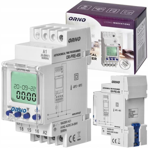 Elektronisk timer, 100 program, 3 menyspråk, 1 reläutgång 16A/230V, bredd 2 moduler, DIN TH-35