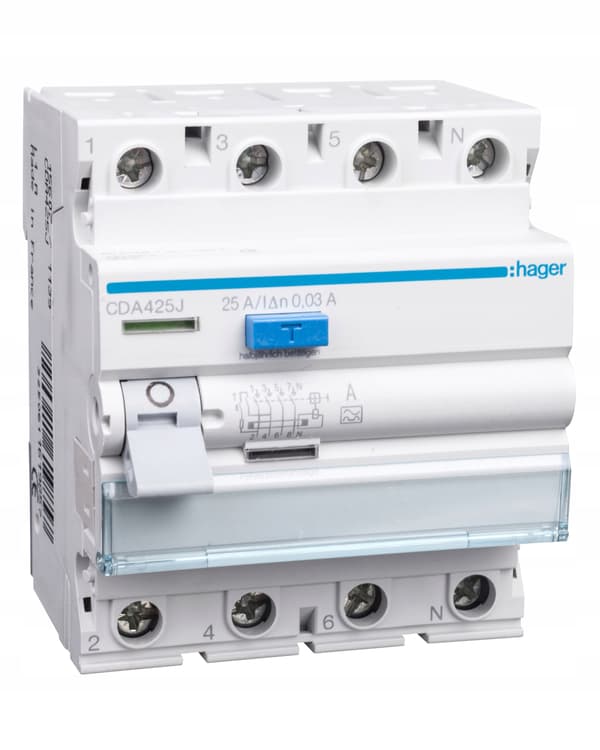 HPFI-afbryder 3P+N 25A 30mA 6kA A CDA425J HAGER