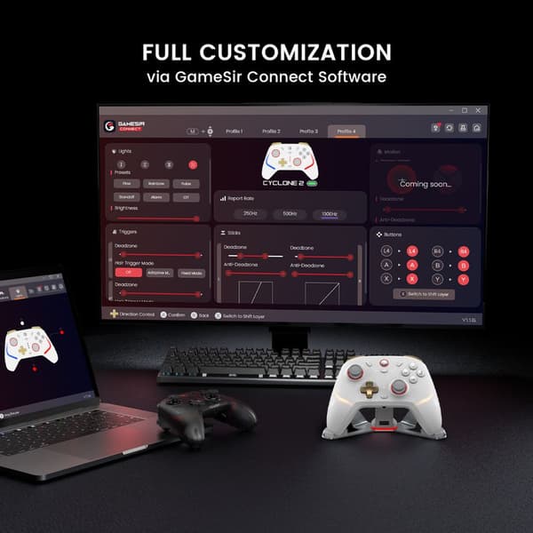 GameSir Cyclone 2 spilcontroller, triple mode-forbindelse, kompatibel med PC/Steam/Android/iOS/Switch, TMR magnetisk joystick, 3 triggertilstande, RGB-belysning - sort, sæt, 70% ny.