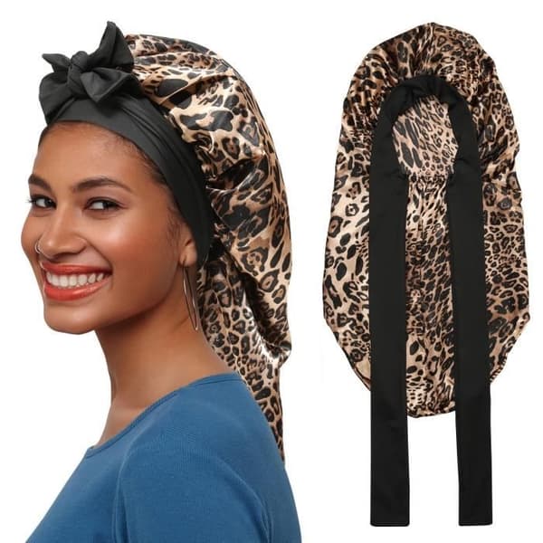 Nattmössa - Satin - Leopardmönster - Resår - Bekväm - Hårskydd