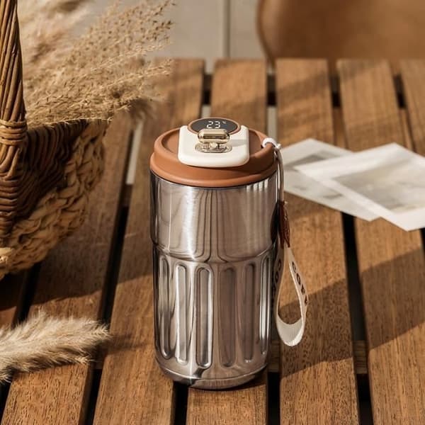 Silver Coffee - Smart kaffetermosmugg med intelligent temperaturdisplay, rostfritt stålkopp