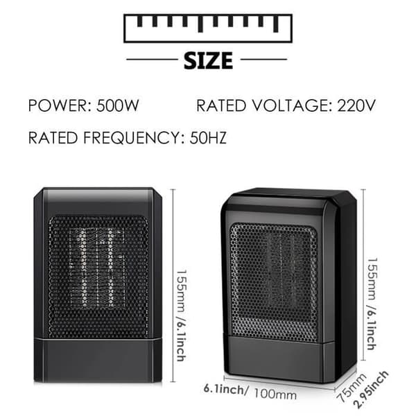 Mini elektrisk varmeblæser 500W - Sort - PTC - Hjemmekontor - EU