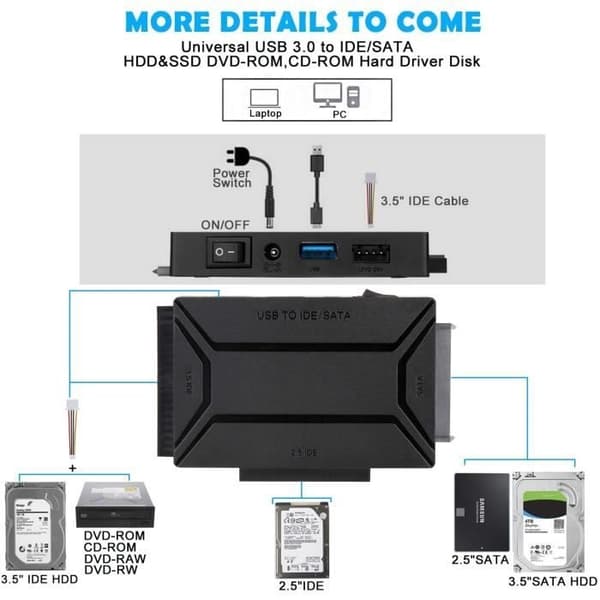 USB 3.0 - IDE SATA -sovitin - ZGEER - 2,5" 3,5" kiintolevylle ja SSD:lle - musta