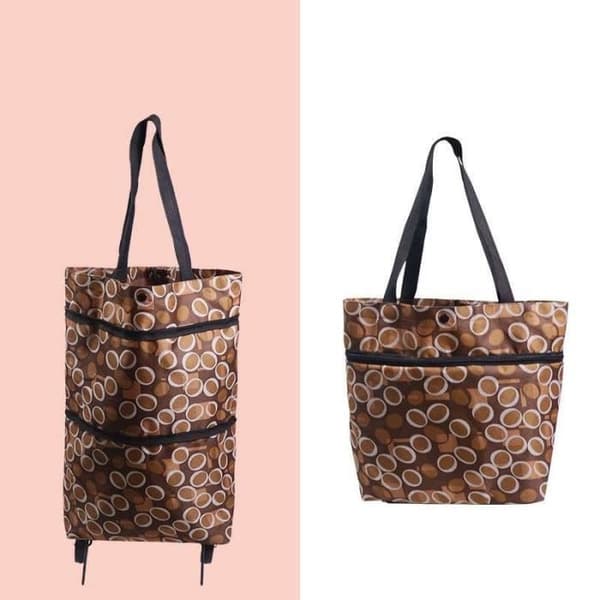 Sammenleggbar handlepose - Handlepose - Brun - Oxfordstoff - 7,5 kg - Med hjul