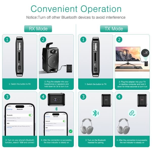 Bluetooth-sender/mottaker, trådløs Bluetooth-adapter, Bluetooth 5.4-lydadapter, musikkmottaker