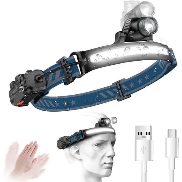 Hodelykt - FENTEC - 2000 lumen - USB-oppladbar - 6 moduser - Smart sensor