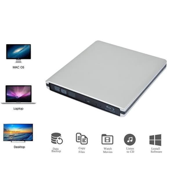 Ekstern 3D USB 3.0 Blu-ray DVD-afspiller, bærbar Blu-ray DVD CD RW-brænder, CD-holder til MacBook OS, Windows 7, 8, 10, Linux