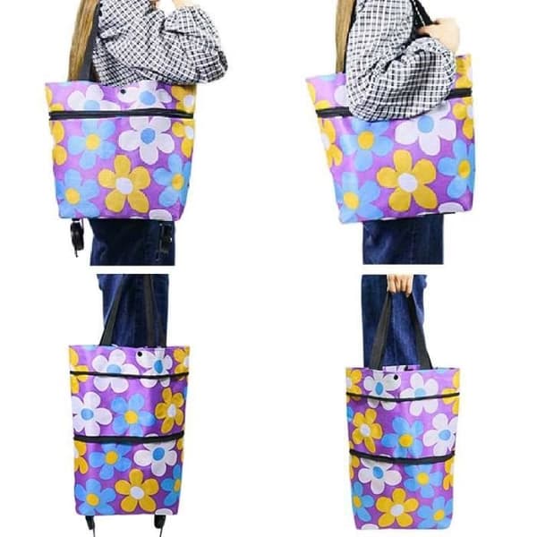 Sammenleggbar handlepose - Handlepose - Brun - Oxfordstoff - 7,5 kg - Med hjul