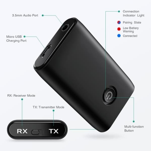Trådløs Bluetooth 5.0-sender, Bluetooth Aux-adapter, 2-i-1 Bluetooth-mottaker og -sender