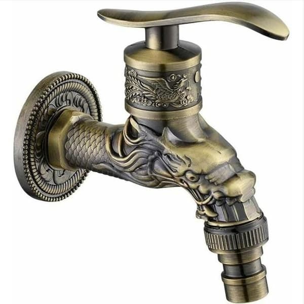 Antikk messingkran, antikk kran, gravert antikk messingkran 10,5 x 11 x 1,8 cm (bronse)