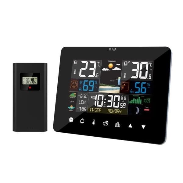 Trådlös väderstation - Digital väderklocka med utomhussensor - Termometer, temperatur, luftfuktighet, barometer, larm