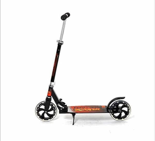 Scooter with large wheels and rear brake, foldable (black/orange)