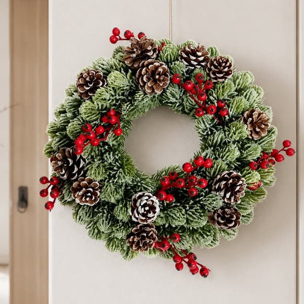 Christmas Wreath 33 cm – Snow Effect, Red Berries and Cones