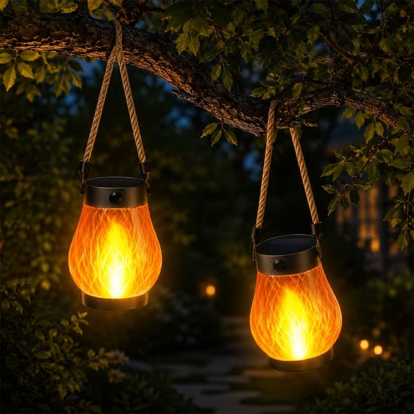 Solar lantern Ø12 cm with flame effect light and hemp rope