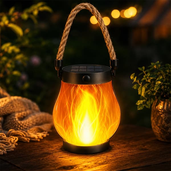 Solar lantern Ø12 cm with flame effect light and hemp rope