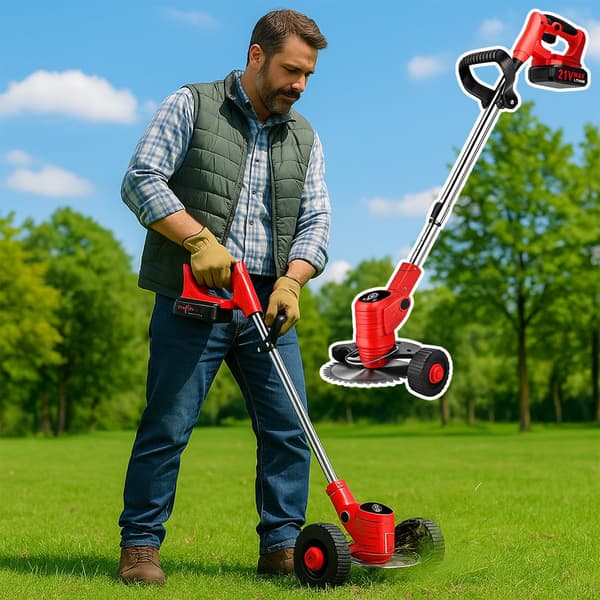 Grass trimmer and edger with wheels, telescopic handle and battery