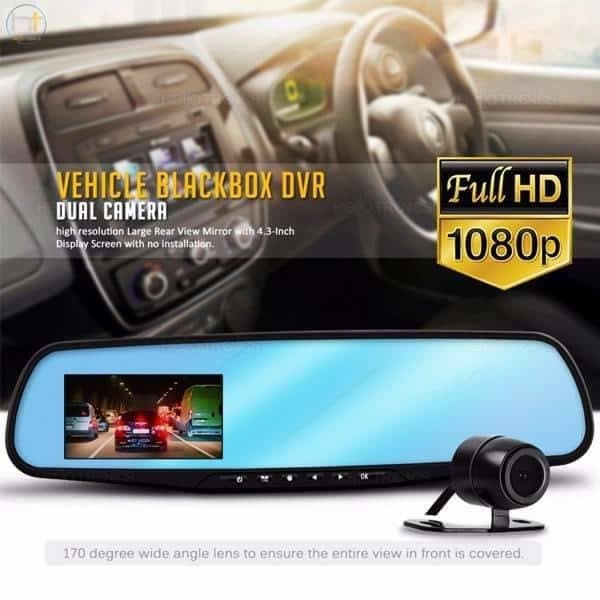 Dashcam rearview mirror with front/rear camera (Full HD and Nightvision)