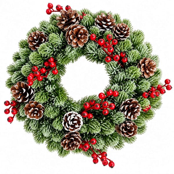 Christmas Wreath 33 cm – Snow Effect, Red Berries and Cones