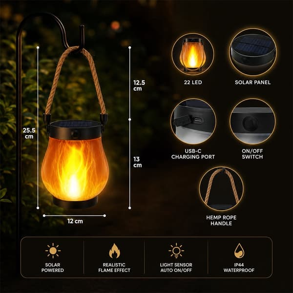 Solar lantern Ø12 cm with flame effect light and hemp rope