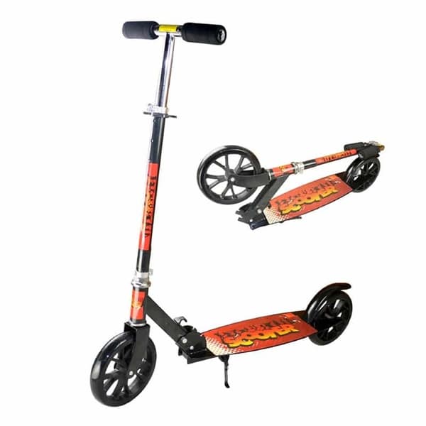 Scooter with large wheels and rear brake, foldable (black/orange)