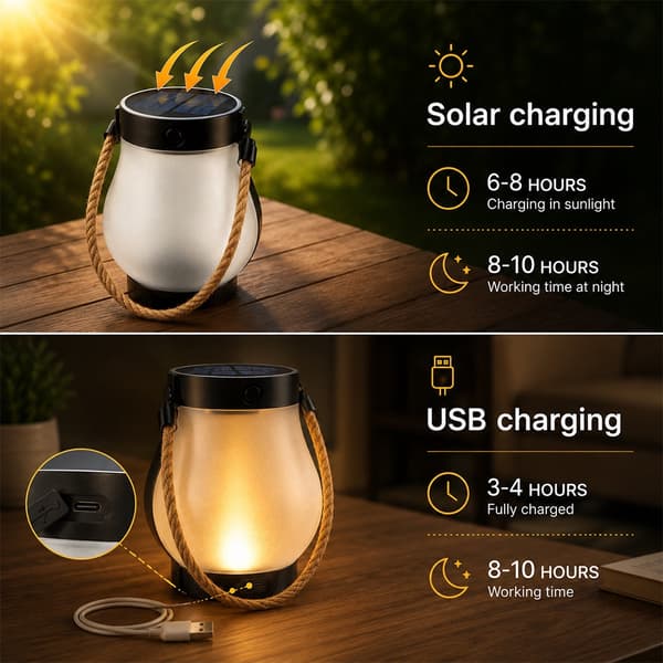 Solar lantern Ø12 cm with flame effect light and hemp rope
