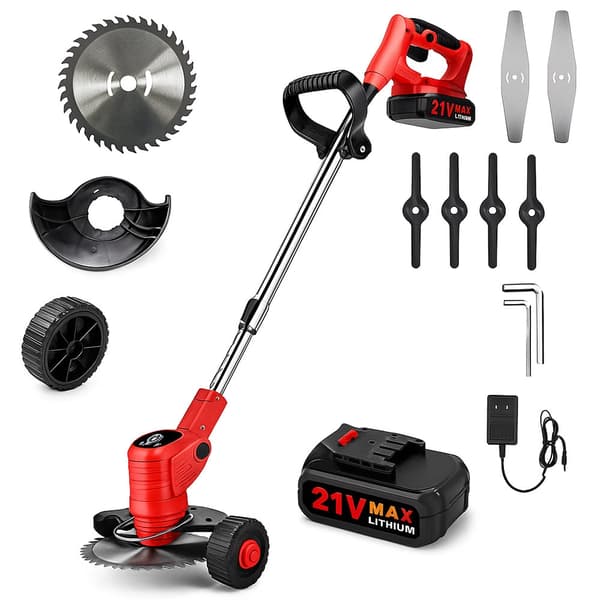 Grass trimmer and edger with wheels, telescopic handle and battery