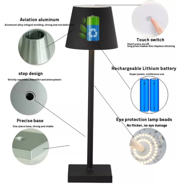 Bordlampe LED m/touch - ledningsfri - mange farver