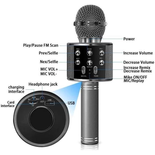 Trådløs Bluetooth Karaoke Mikrofon - Sort og grå - Elektrisk - Indendørs - Unisex