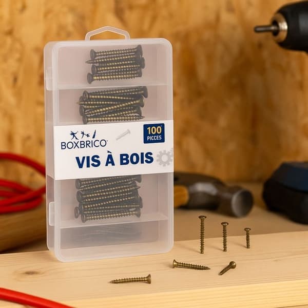 Vis à Bois - BOXBRICO - Förpackning med 100 - 5 Storlekar - Solid Stål - Fällande Huvud