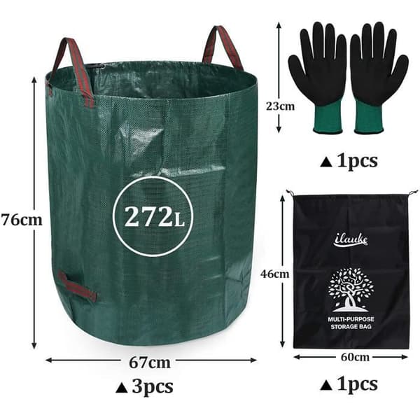 Trädgårdssoppsäckar - A365 - 3-pack - 272 L - Robust polypropen - Fällbara och självsamlande
