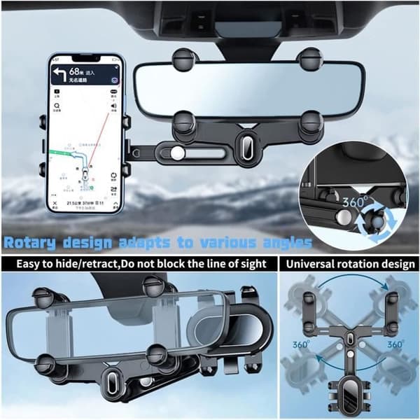 Bilhåndsfree til justerbart, sammenklappeligt, roterbart 360 spejl til navigation til smartphone 4 til 7 tommer