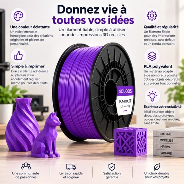 Filament PLA violet 1,75 mm 1 kg til 3D-printer FDM og FFF – 190 til 230 °C