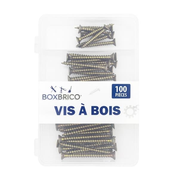 Vis à Bois - BOXBRICO - Förpackning med 100 - 5 Storlekar - Solid Stål - Fällande Huvud