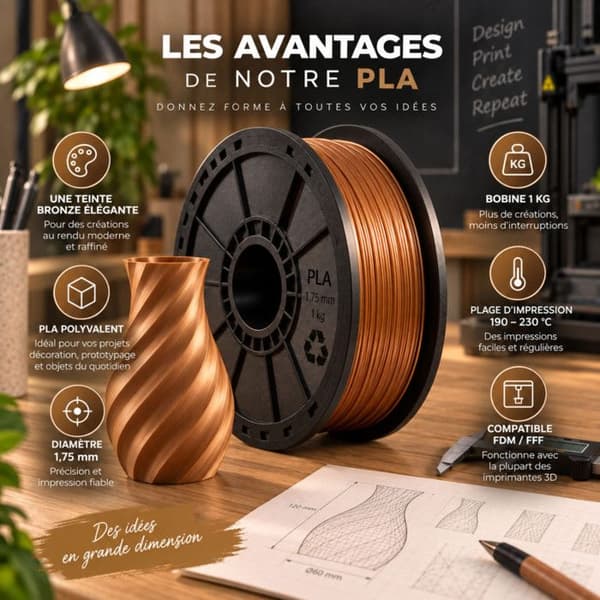 Filament PLA bronze 1,75 mm 1 kg til 3D-printer FDM og FFF – 190 til 230 °C