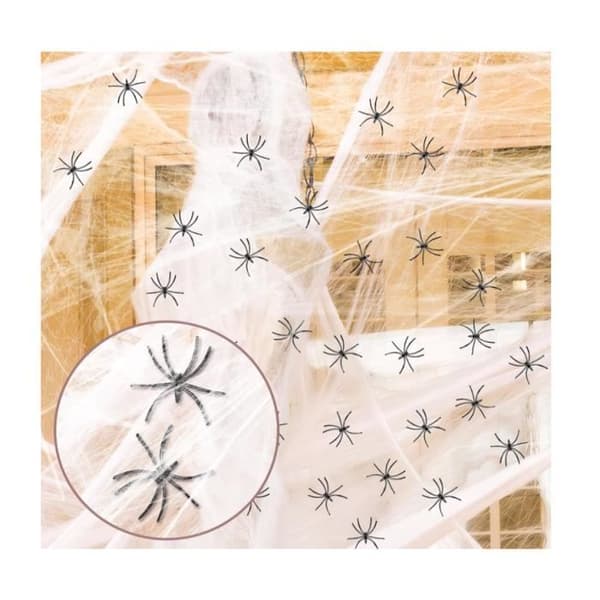 Festpynt - Halloween Spindelvæv - 60g - 10 Falske Edderkopper - Sort Polyester